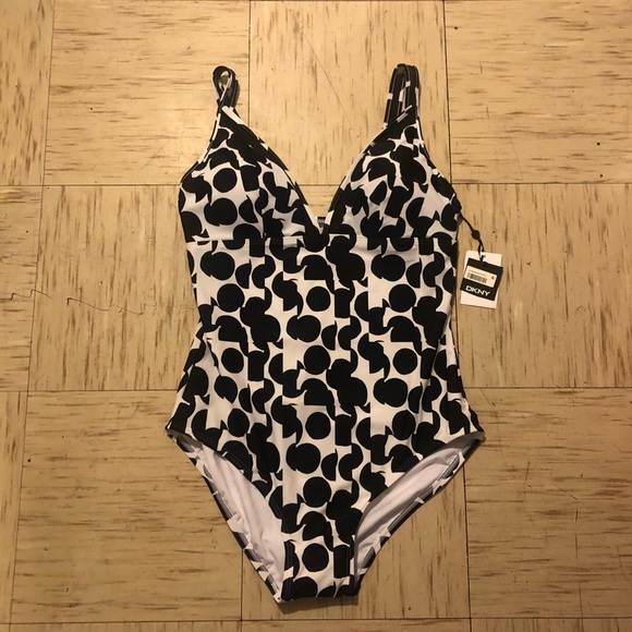 DKNY MULTI DOT Printed Mesh-Trim 1PCsSwimsuit - Picture 2 of 6
